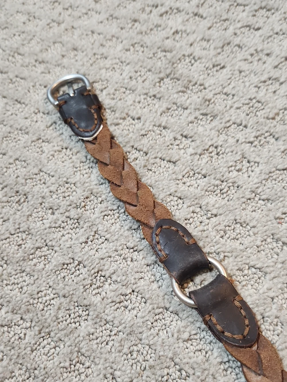 Braided Brown Leather Belt With Silver Tone Buckle & Harness Style Rings Large